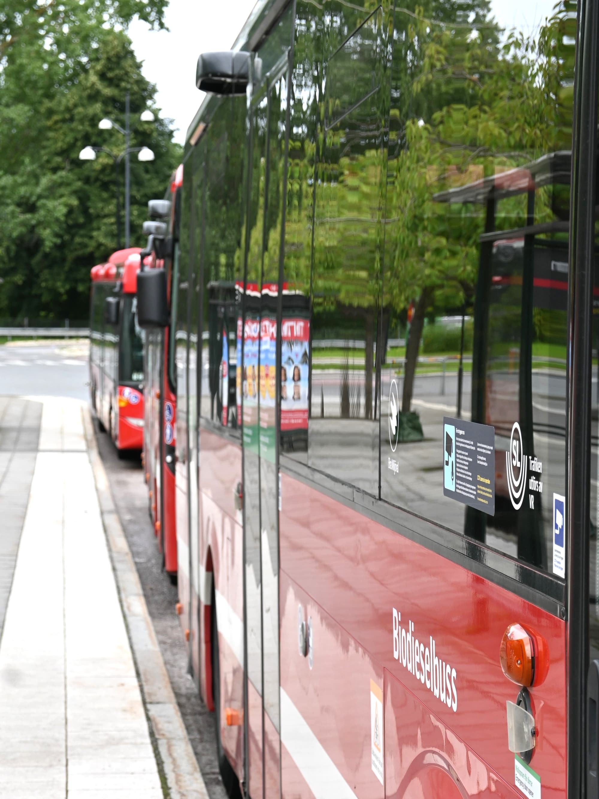 En rad röda bussar parkerade bredvid varandra.
