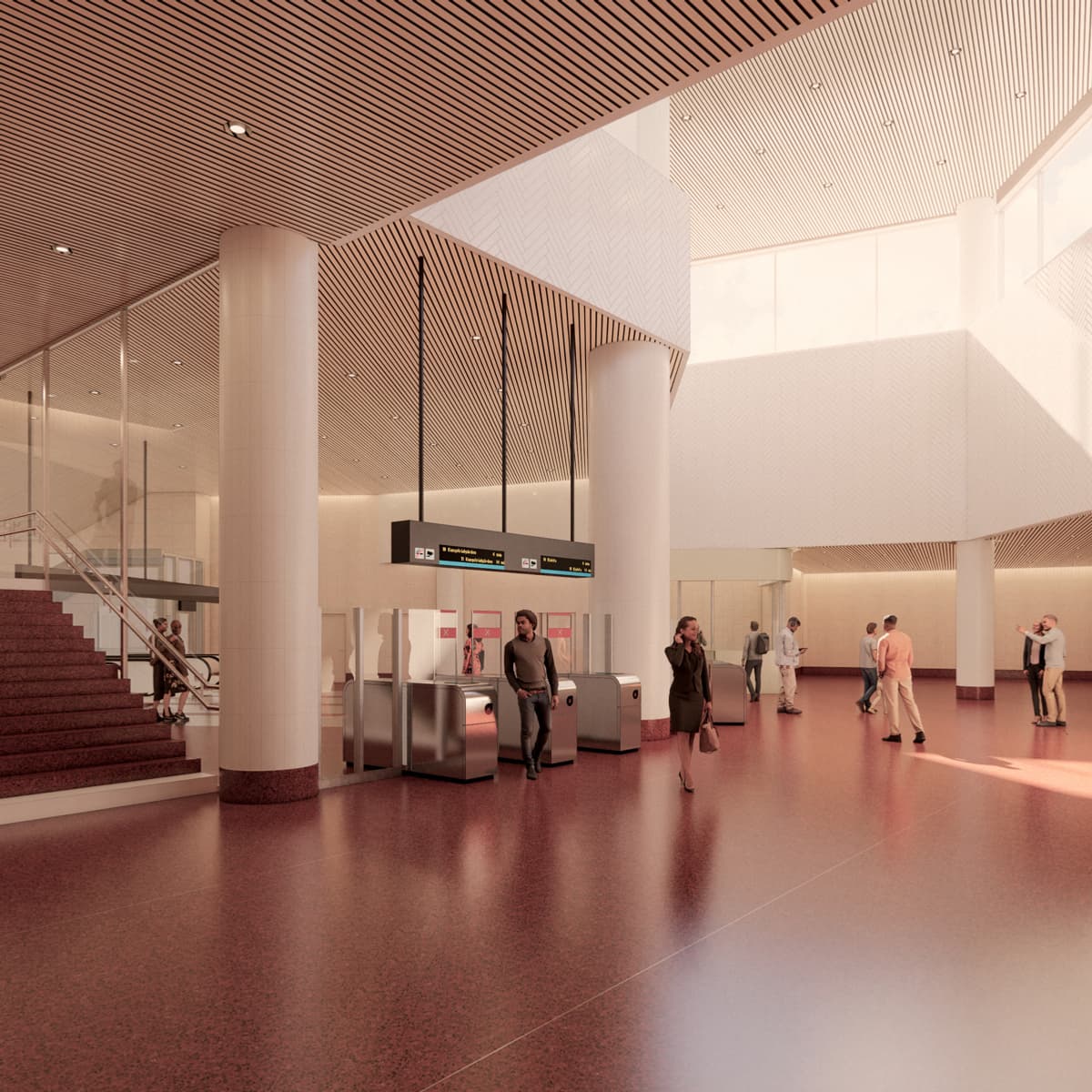 En grupp människor som står i en stor biljetthall